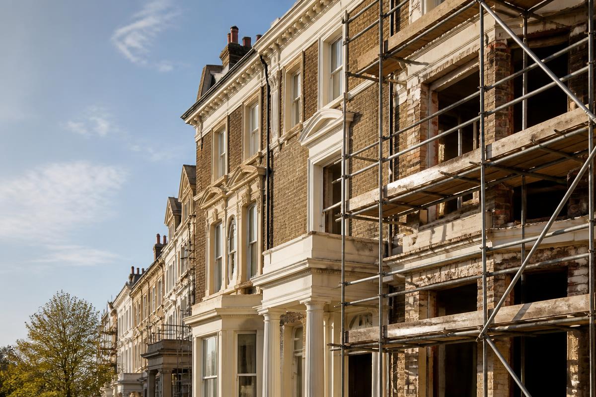 Classic London townhouse under renovation with scaffolding, representing development and refurbishment finance